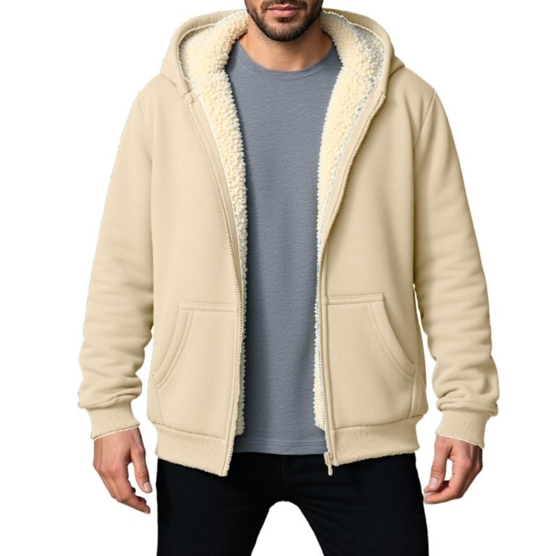 Jaqueta Masculina com Zíper Frontal Completo, Capuz com Cordão e Bolsos Canguru