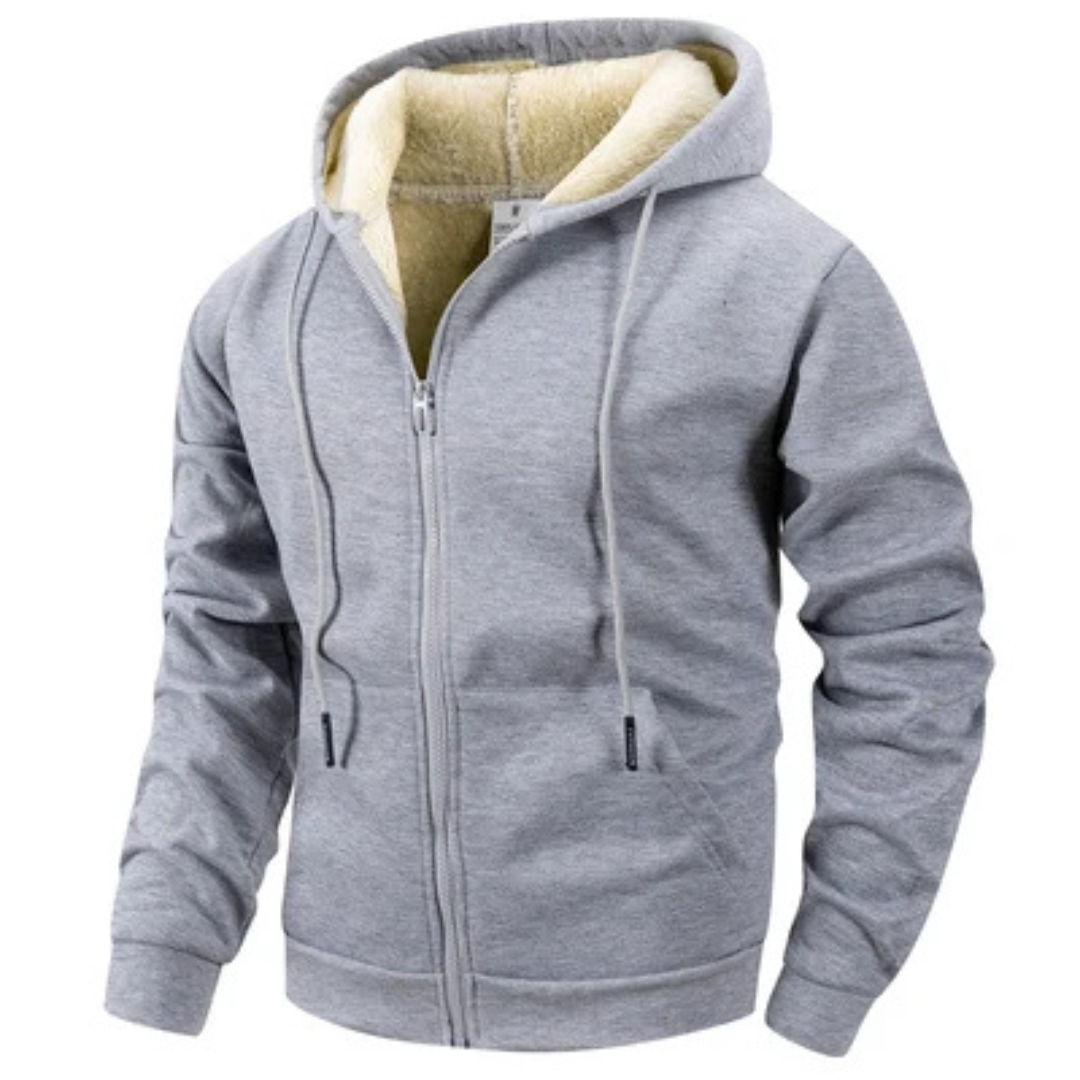Jaqueta Masculina com Zíper Frontal Completo, Capuz com Cordão e Bolsos Canguru