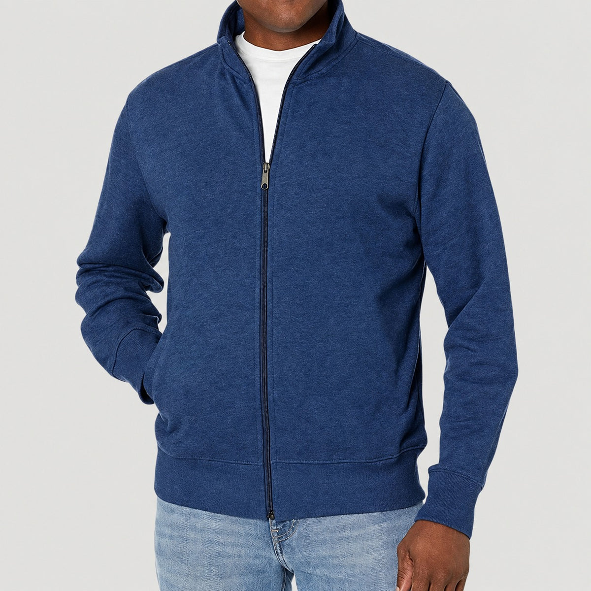 Jaqueta masculina com zíper, gola alta, corte regular