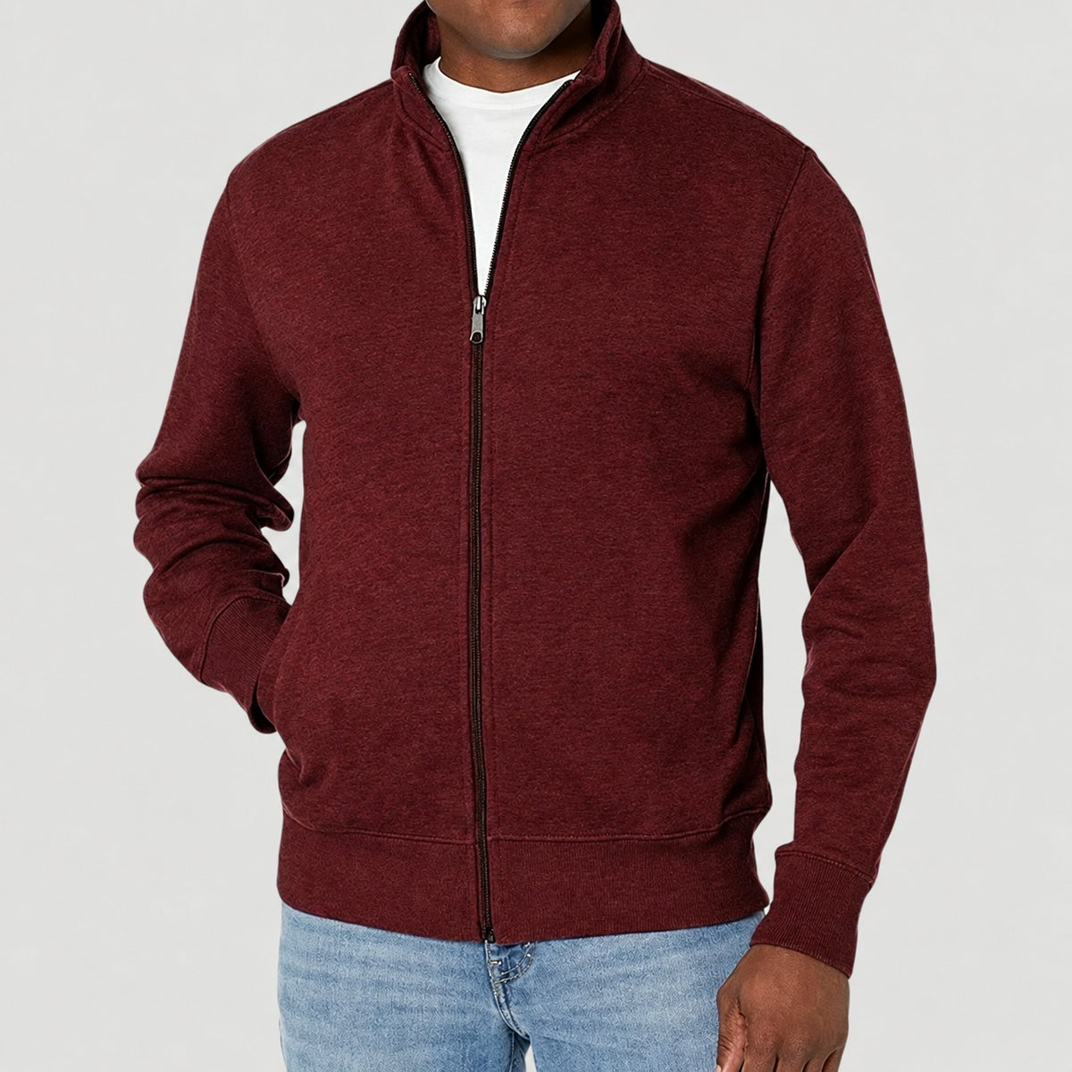 Jaqueta masculina com zíper, gola alta, corte regular