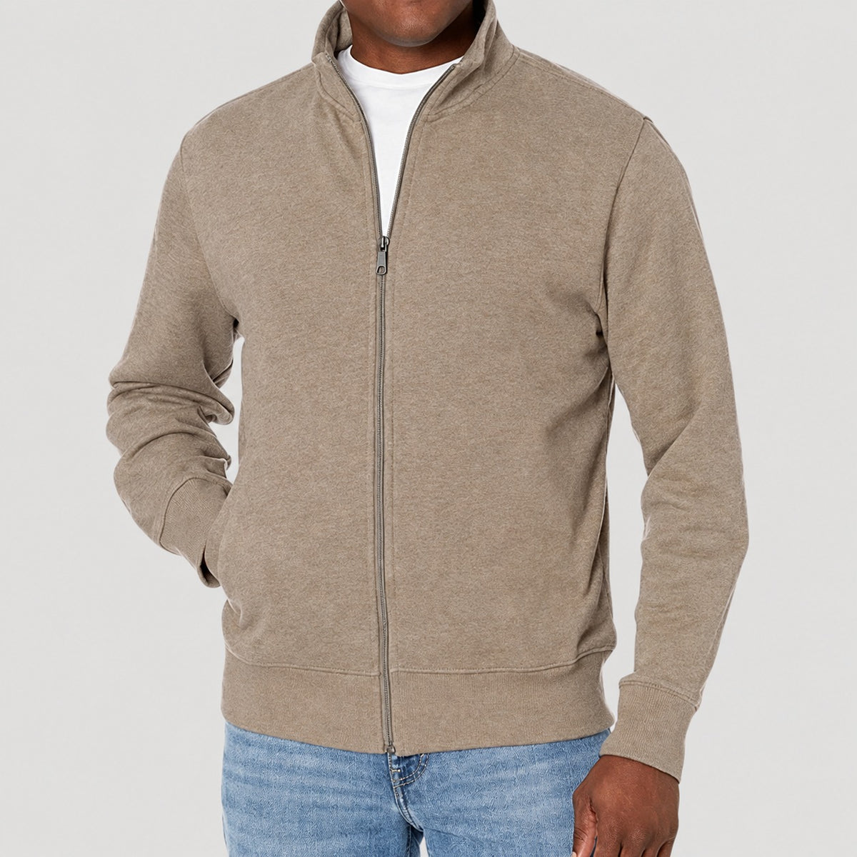Jaqueta masculina com zíper, gola alta, corte regular