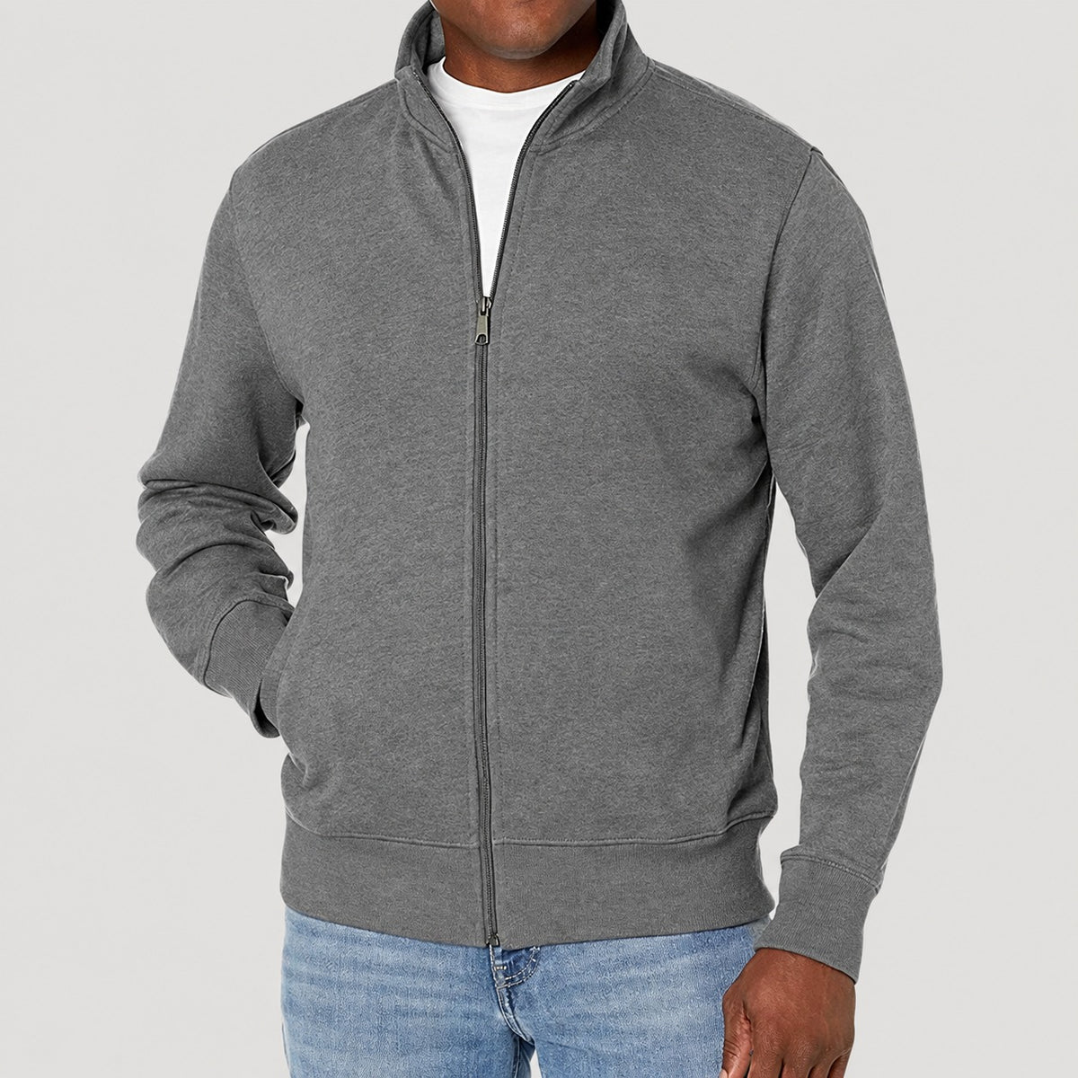 Jaqueta masculina com zíper, gola alta, corte regular