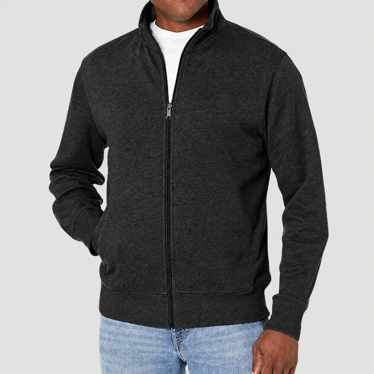 Jaqueta masculina com zíper, gola alta, corte regular