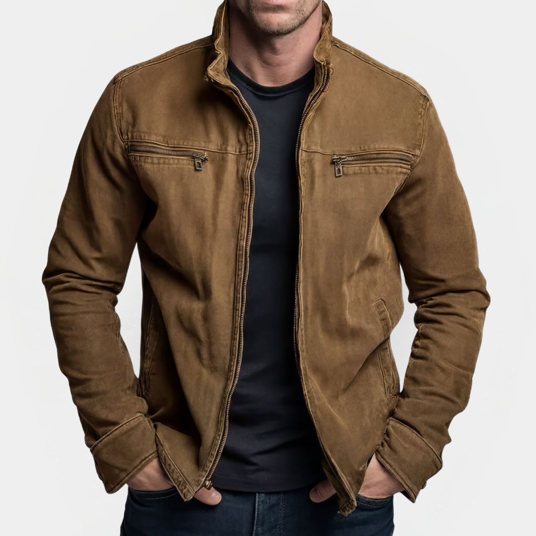 Jaqueta masculina com zíper, gola stand-up e dois bolsos no peito - caimento moderno