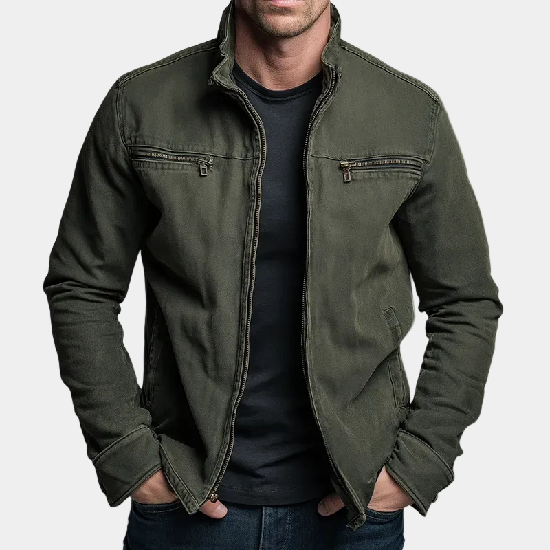 Jaqueta masculina com zíper, gola stand-up e dois bolsos no peito - caimento moderno