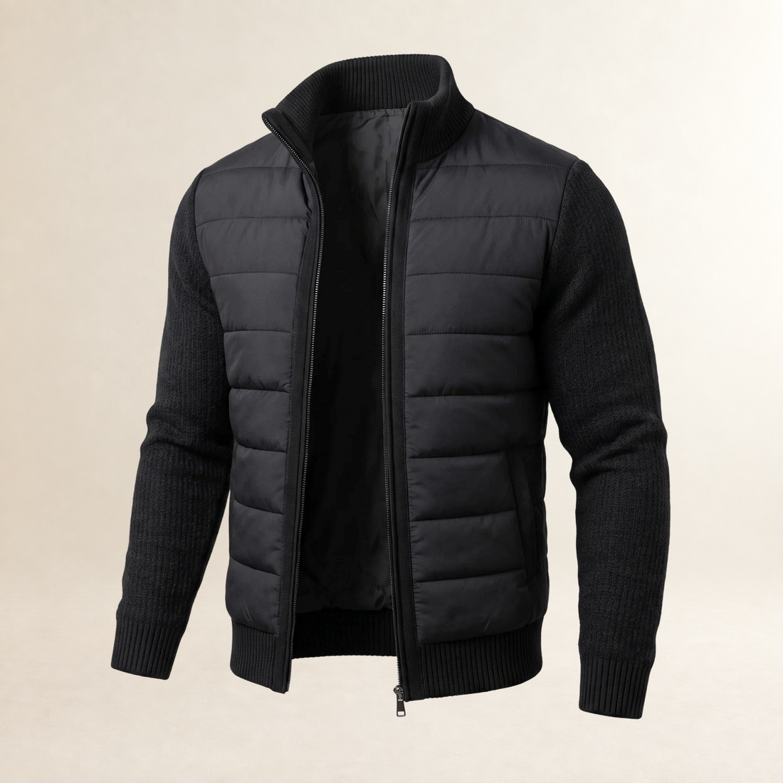 Jaqueta masculina corta acolchoada com mangas contrastantes - ajuste ajustado