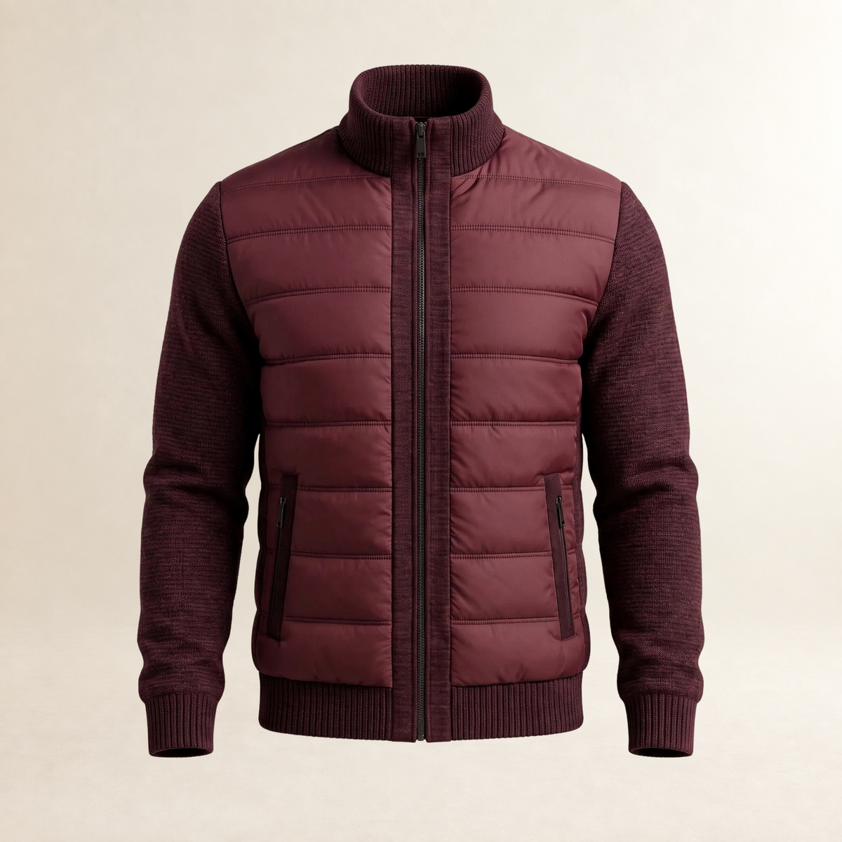 Jaqueta masculina corta acolchoada com mangas contrastantes - ajuste ajustado
