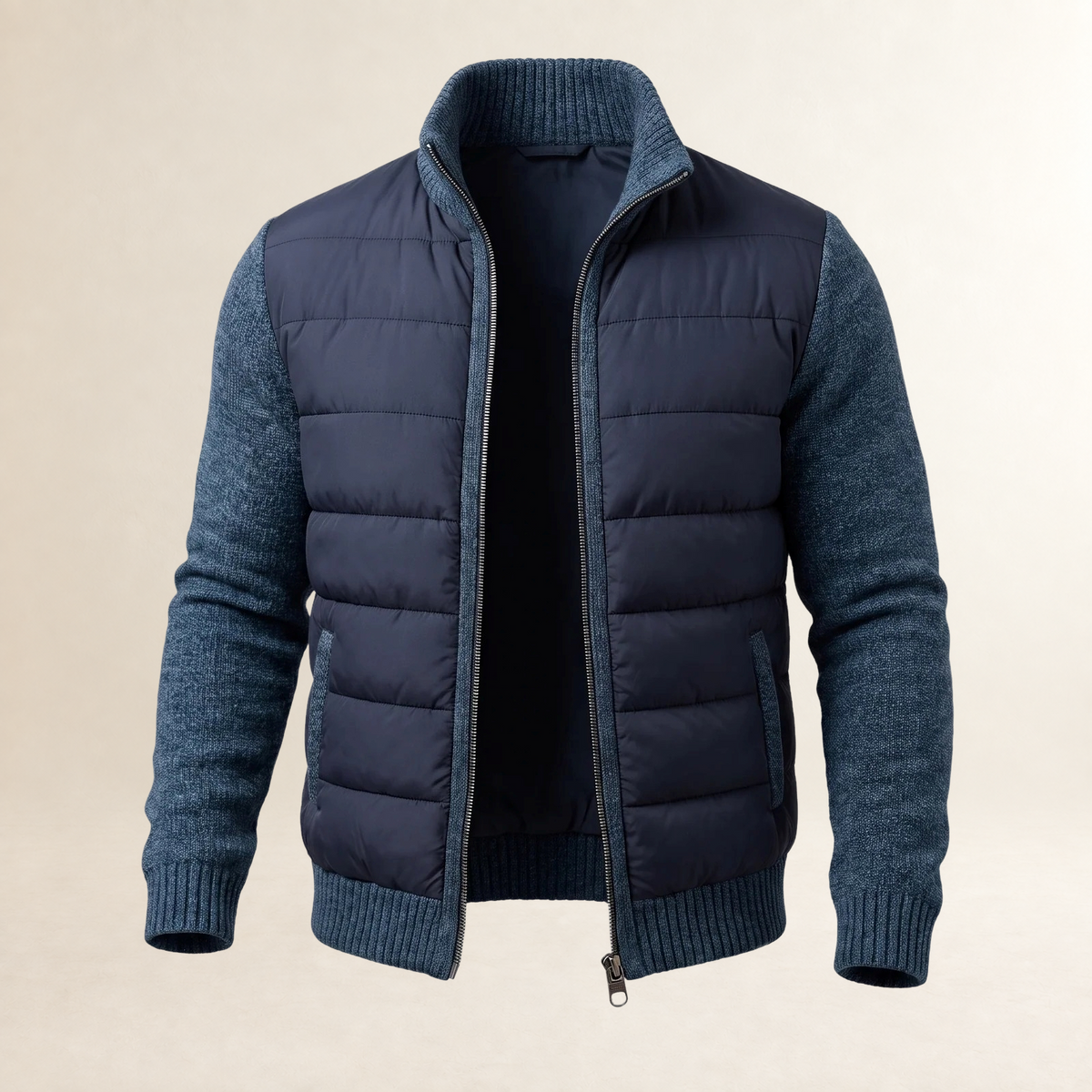 Jaqueta masculina corta acolchoada com mangas contrastantes - ajuste ajustado