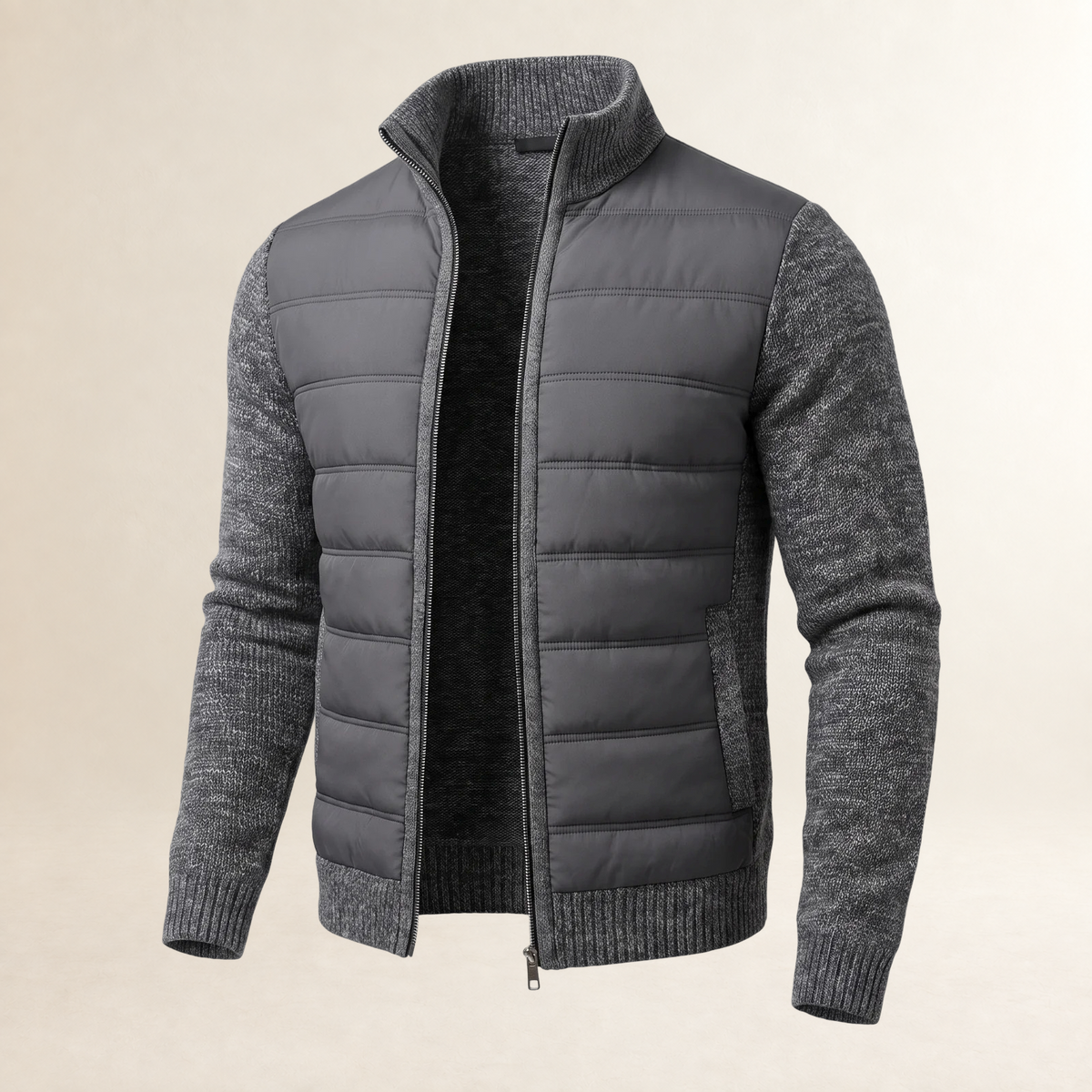 Jaqueta masculina corta acolchoada com mangas contrastantes - ajuste ajustado