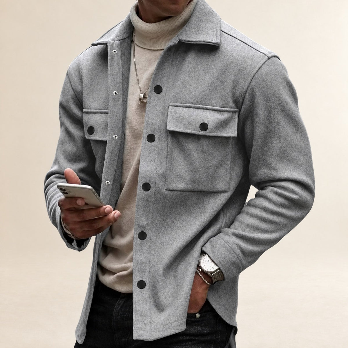 Jaqueta masculina de botões com bolsos - corte casual, manga longa, comprimento até o quadril