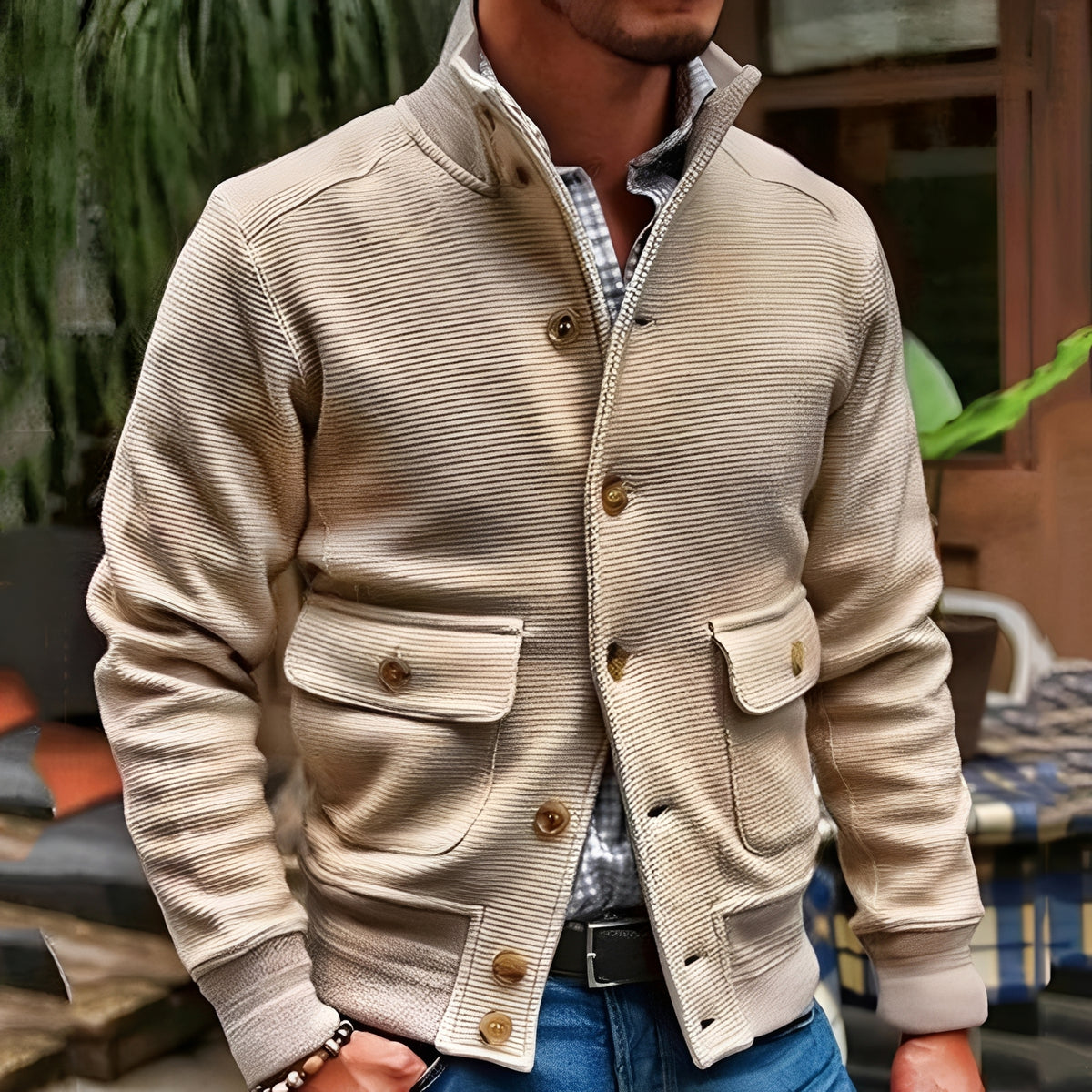 Jaqueta masculina de corte reto com colarinho alto e bolsos com aba