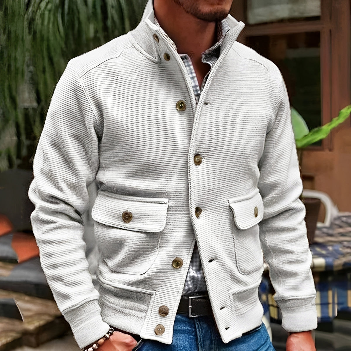 Jaqueta masculina de corte reto com colarinho alto e bolsos com aba