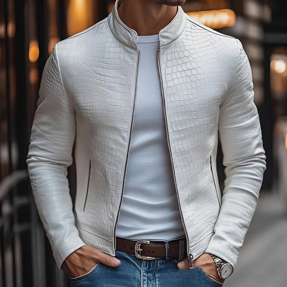 Jaqueta masculina slim fit com zíper, colarinho alto e design texturizado