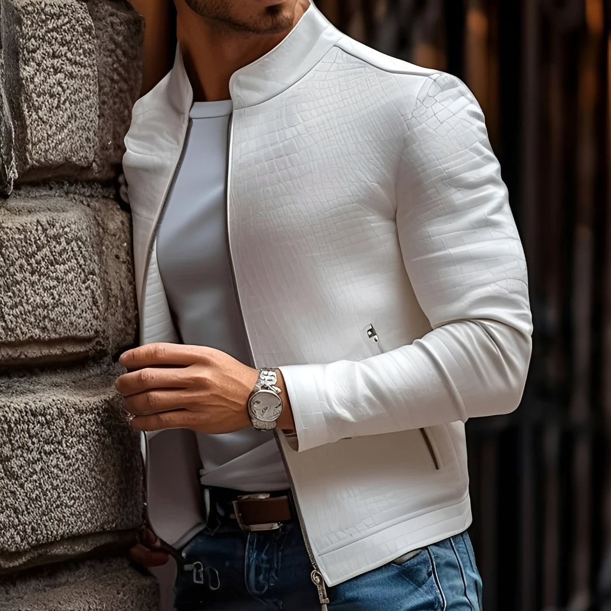 Jaqueta masculina slim fit com zíper, colarinho alto e design texturizado