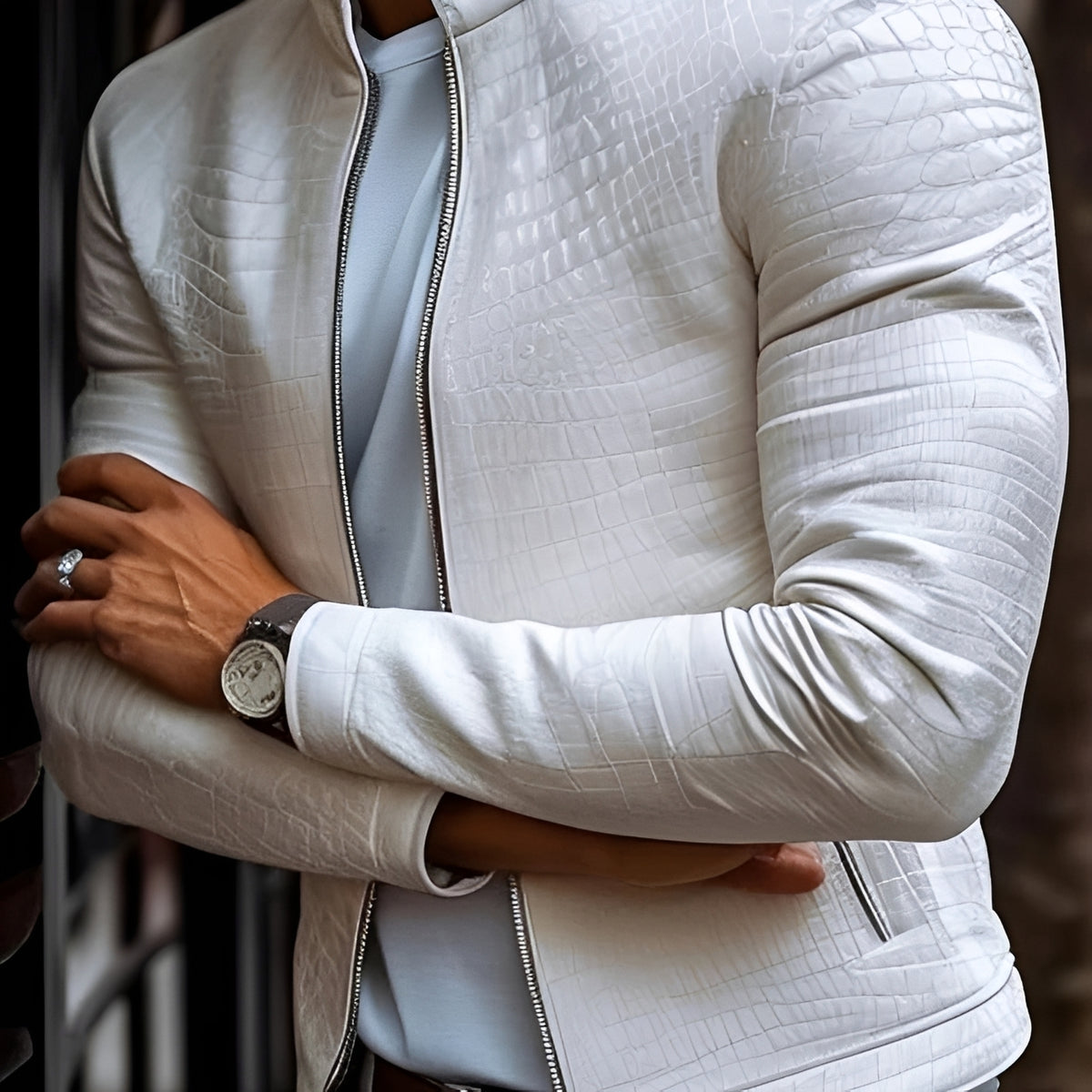 Jaqueta masculina slim fit com zíper, colarinho alto e design texturizado