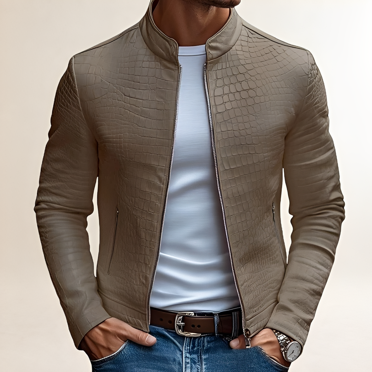 Jaqueta masculina slim fit com zíper, colarinho alto e design texturizado