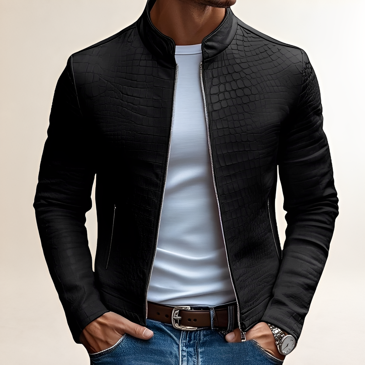 Jaqueta masculina slim fit com zíper, colarinho alto e design texturizado