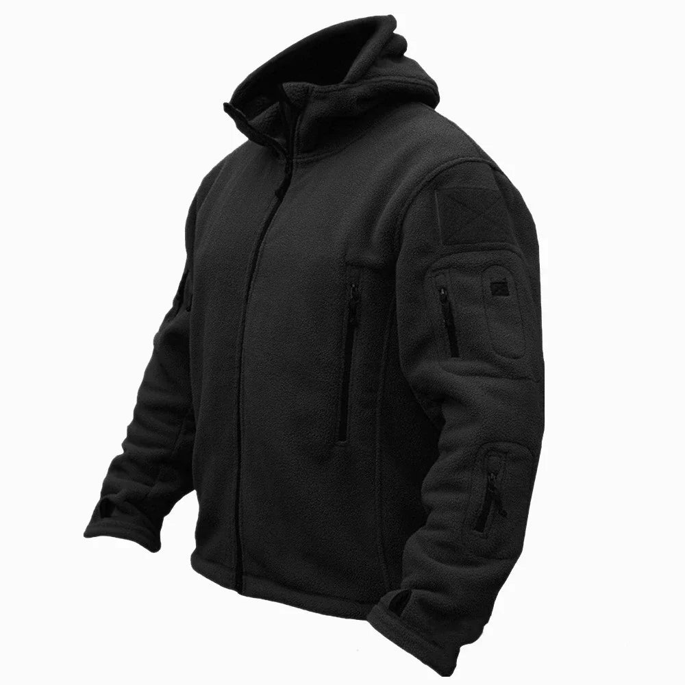 Jaqueta masculina tática com capuz, zíper central, vários bolsos e punhos com abas