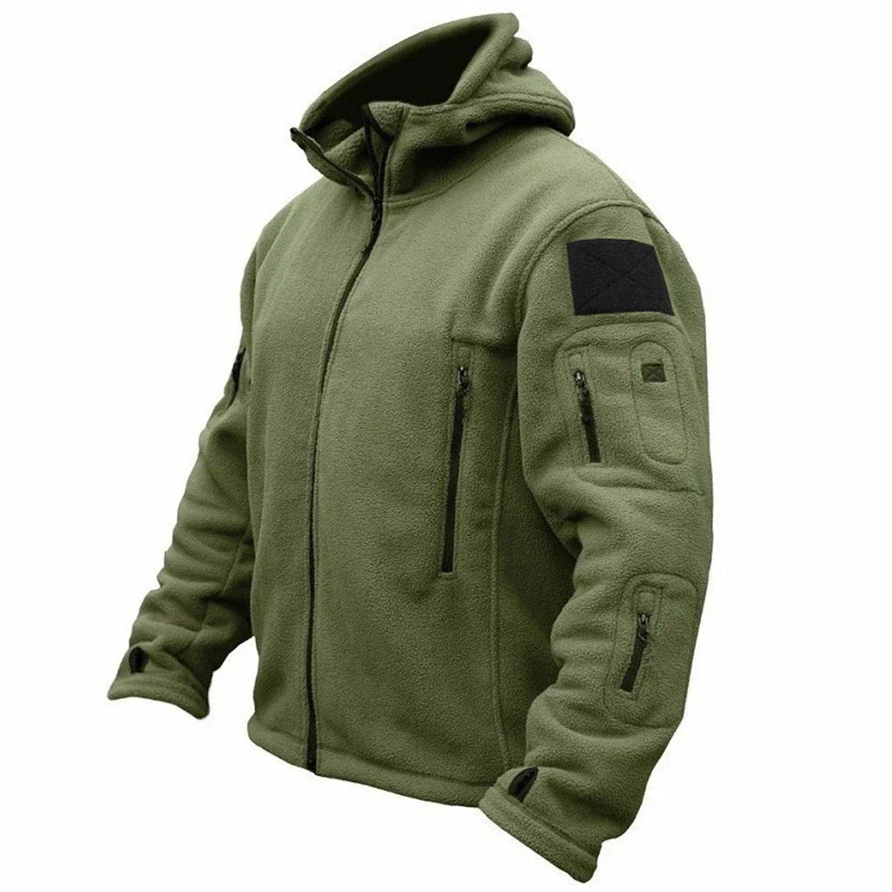 Jaqueta masculina tática com capuz, zíper central, vários bolsos e punhos com abas