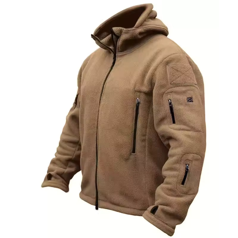 Jaqueta masculina tática com capuz, zíper central, vários bolsos e punhos com abas