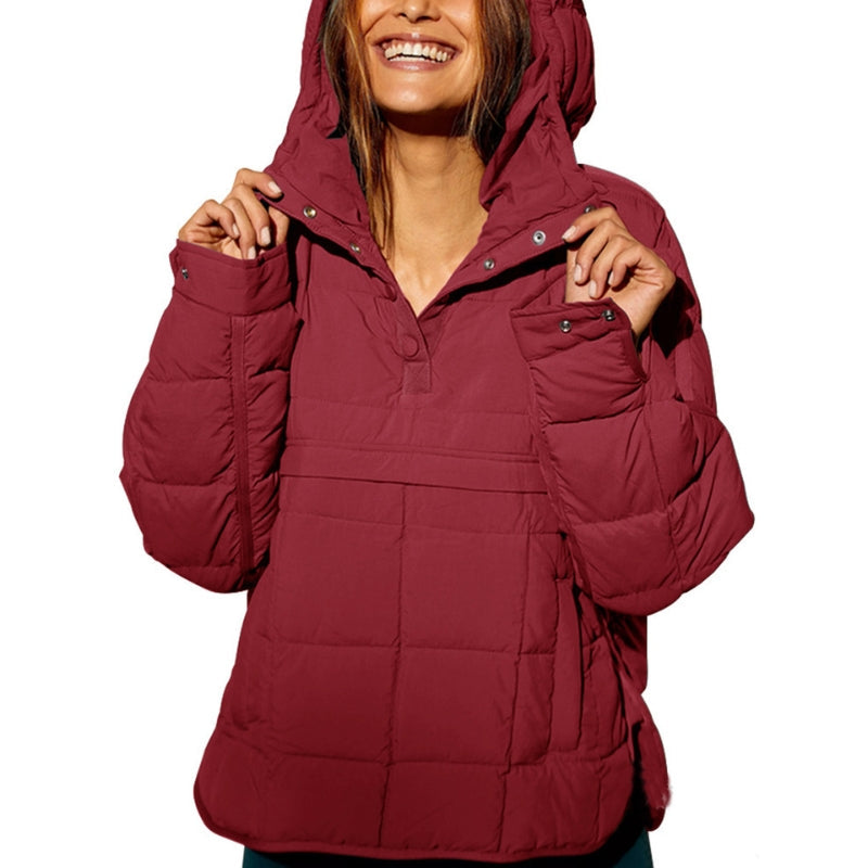 Jaqueta puffer feminina com capuz, fechamento de botões, design leve e modelagem relaxed fit
