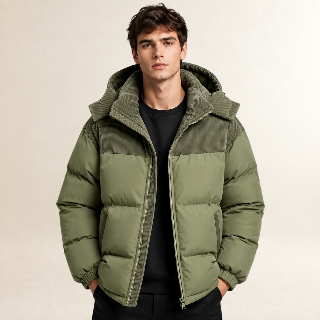 Jaqueta puffer masculina com capuz e design color block - corte oversized