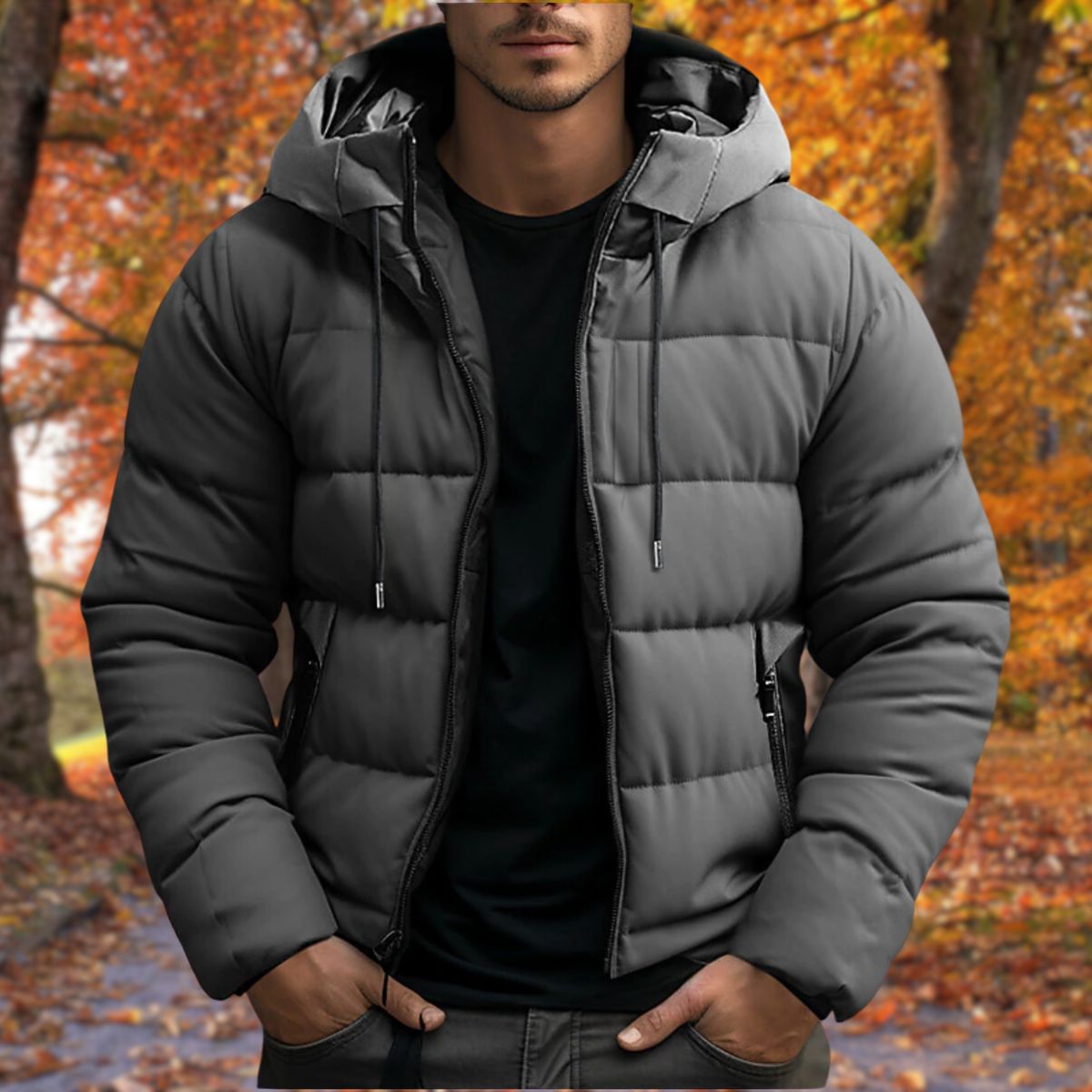 Jaqueta puffer masculina com capuz zip e bolsos laterais
