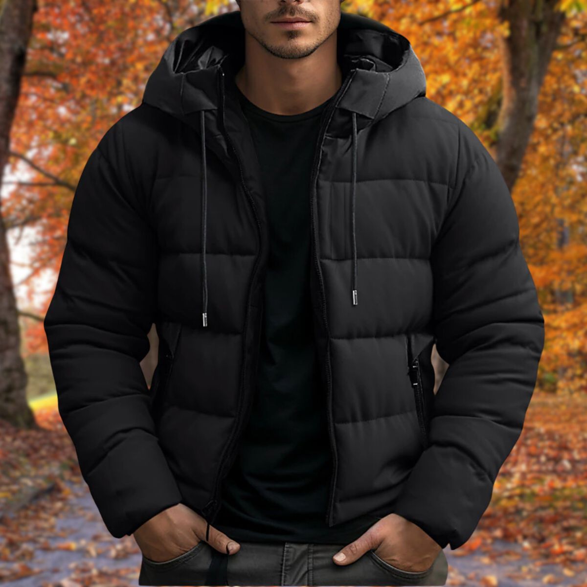 Jaqueta puffer masculina com capuz zip e bolsos laterais