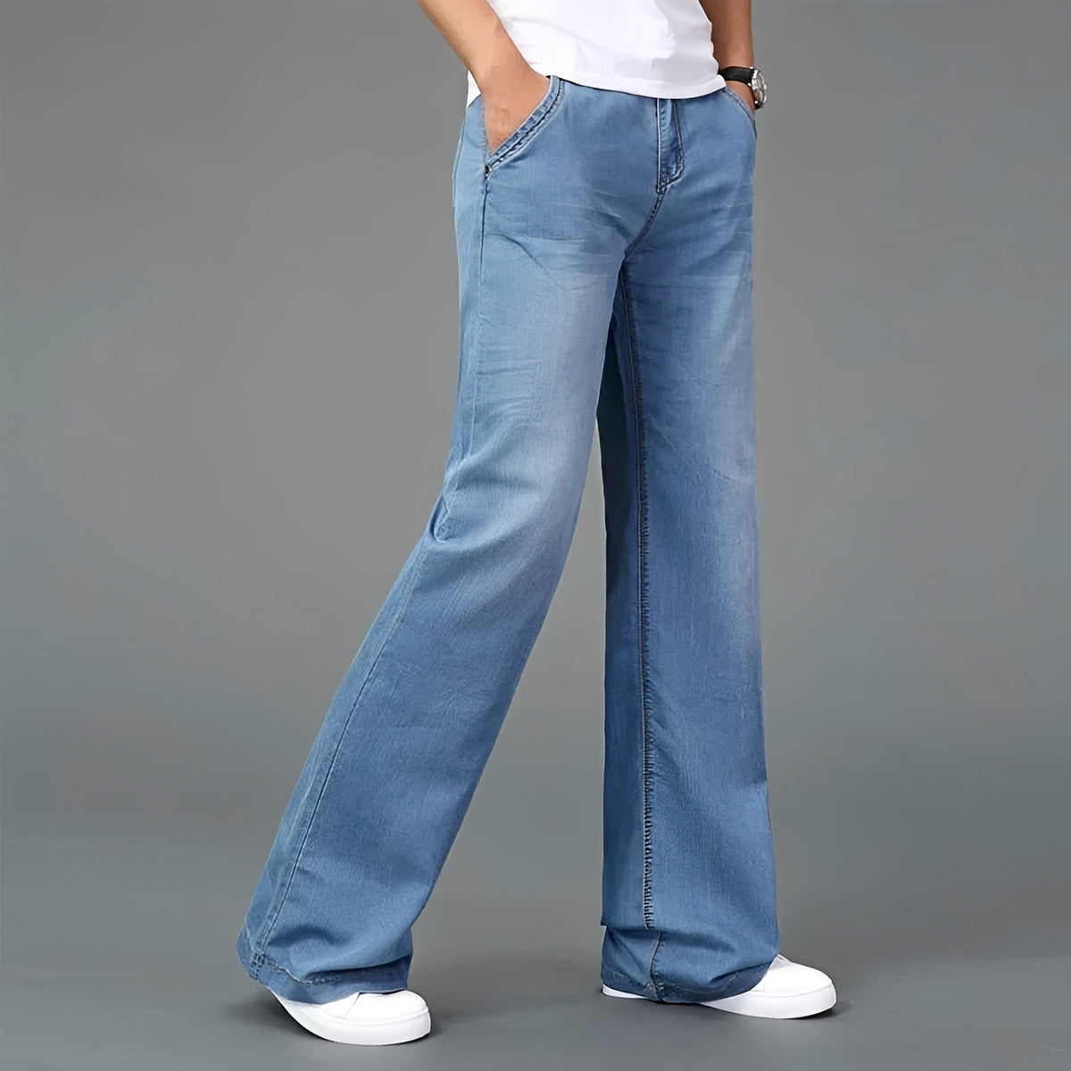 Jeans bootcut masculino com perna flare e múltiplos bolsos - corte relaxado
