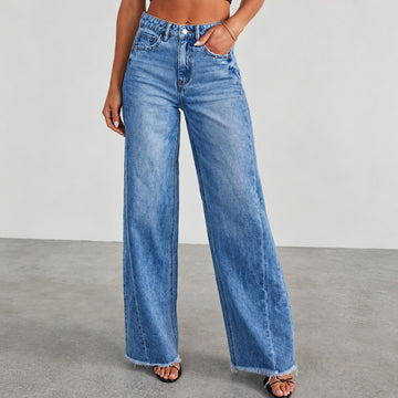 Jeans feminino de perna larga com cintura alta e barra destroyed