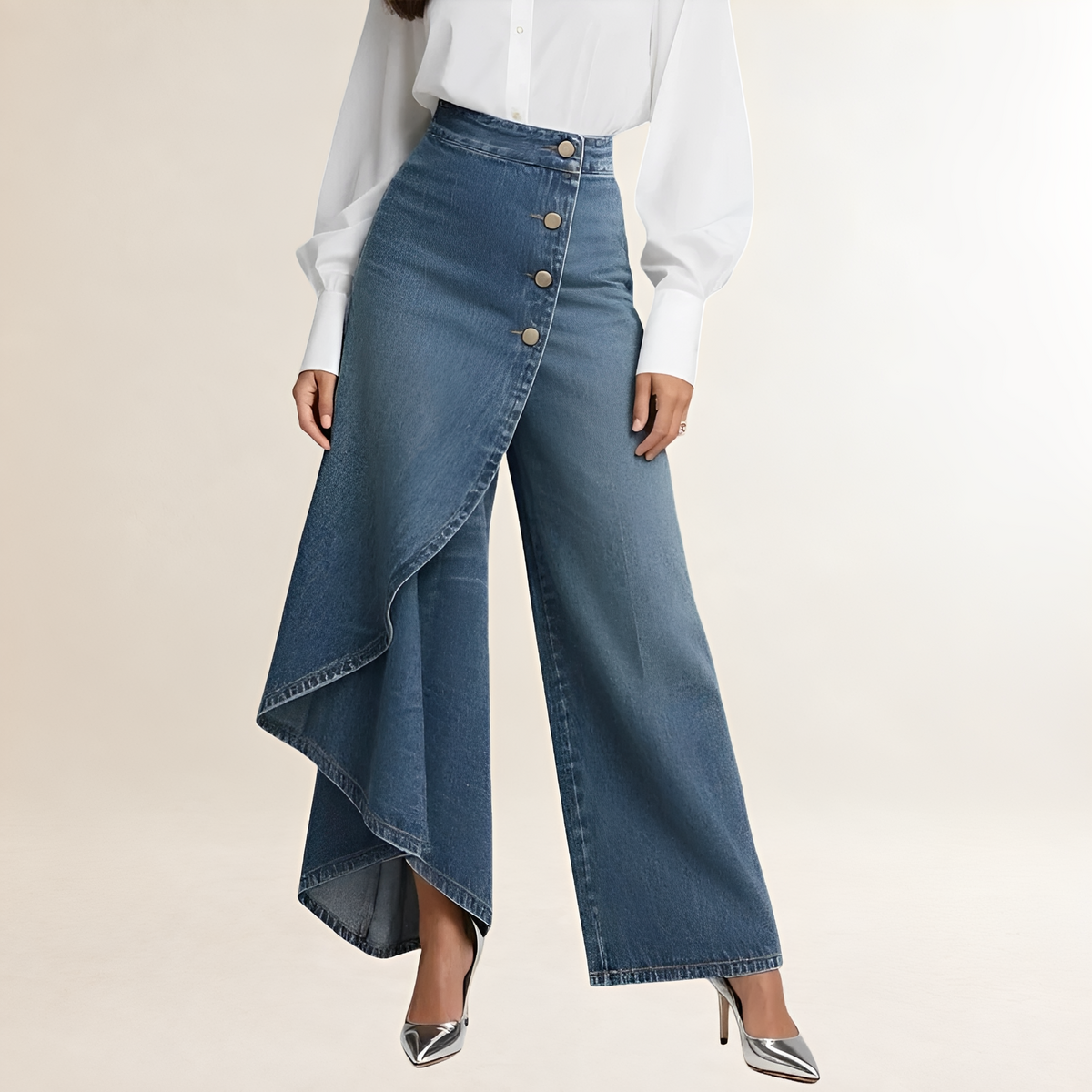 Jeans femininos cintura alta com sobreposição assimétrica perna larga