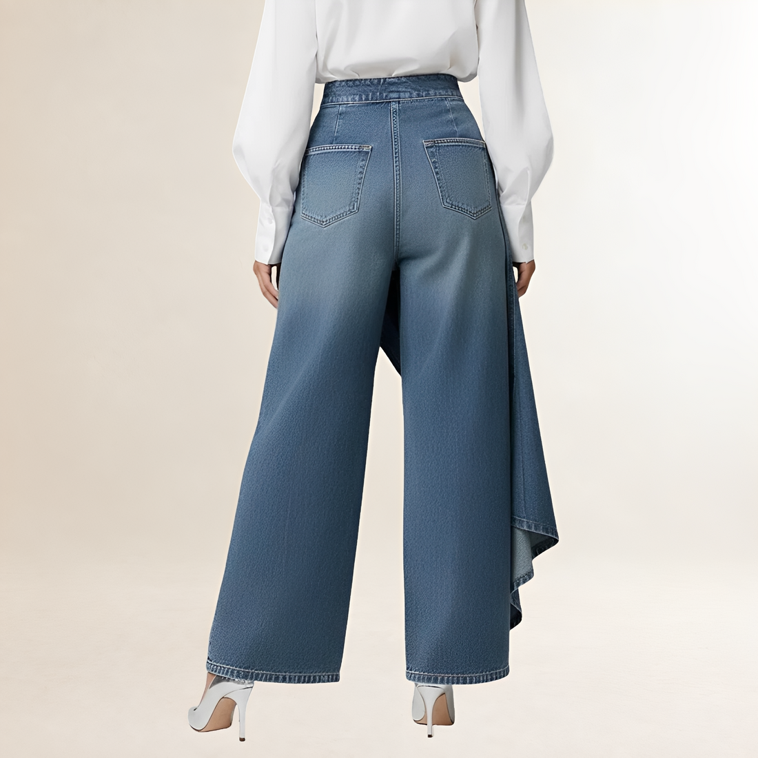 Jeans femininos cintura alta com sobreposição assimétrica perna larga