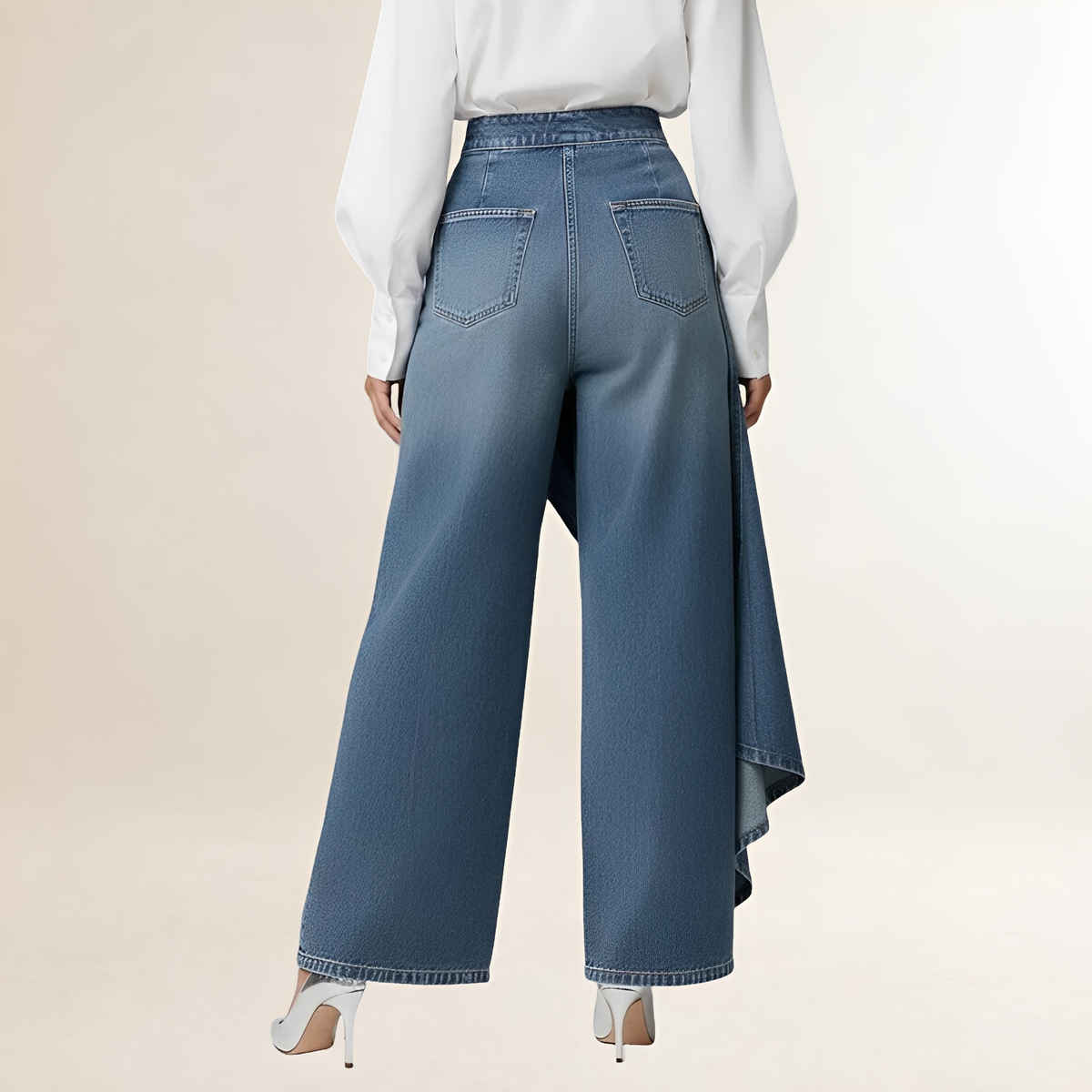Jeans femininos cintura alta com sobreposição assimétrica perna larga