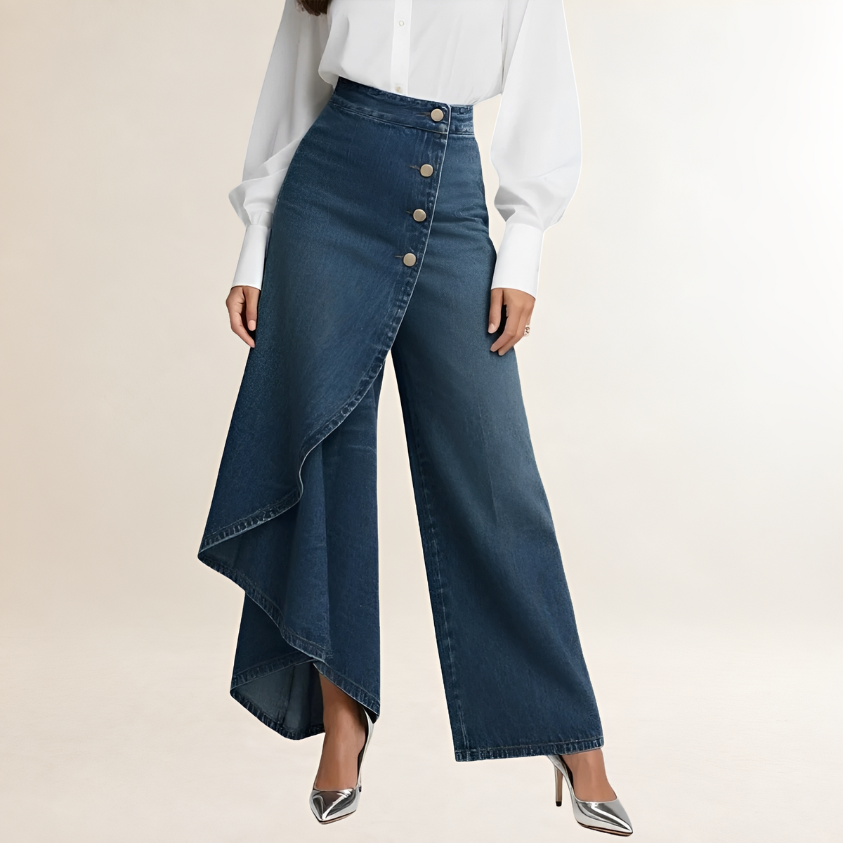 Jeans femininos cintura alta com sobreposição assimétrica perna larga