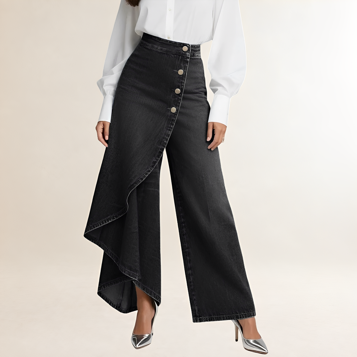 Jeans femininos cintura alta com sobreposição assimétrica perna larga