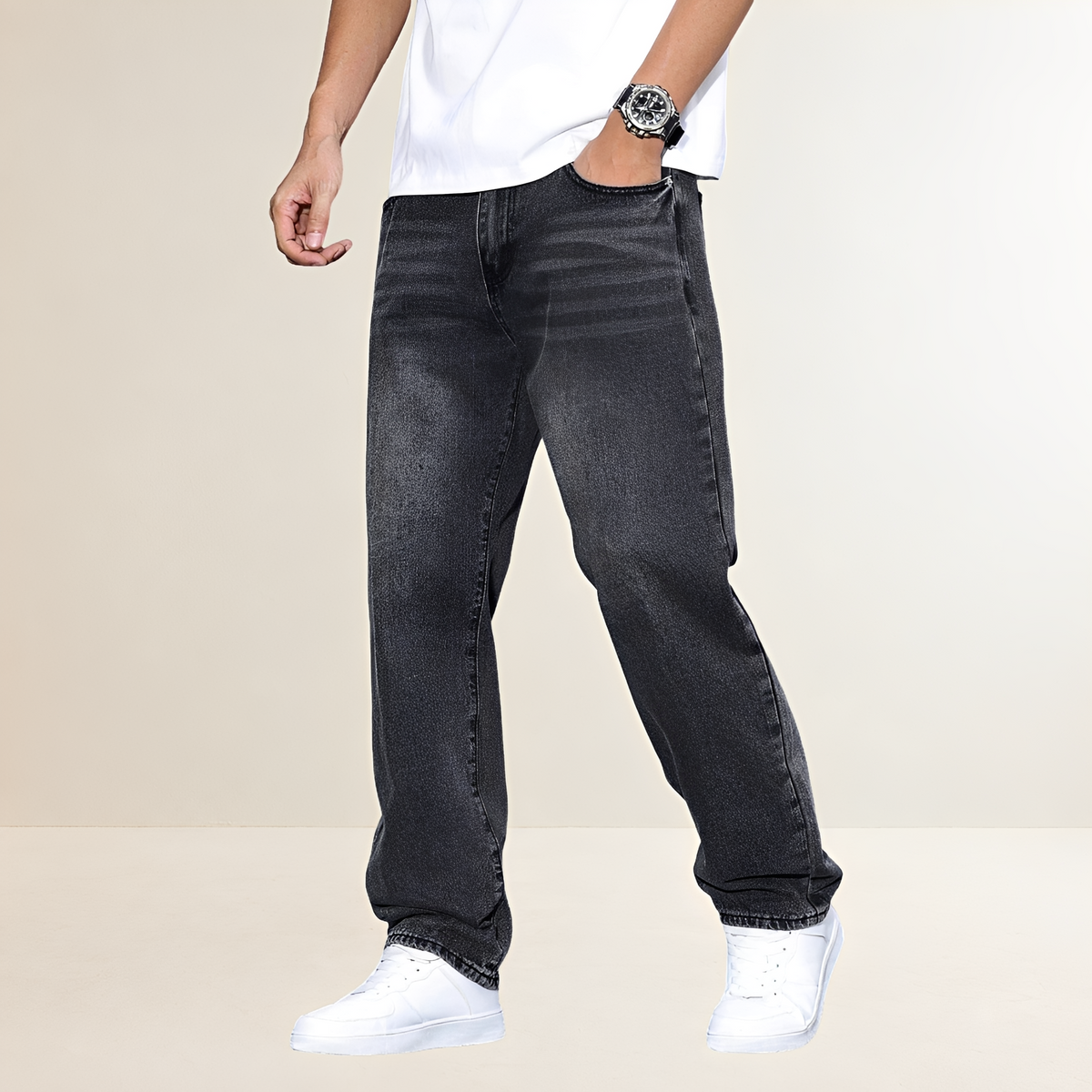 Jeans masculino de perna reta com caimento casual e corte clássico