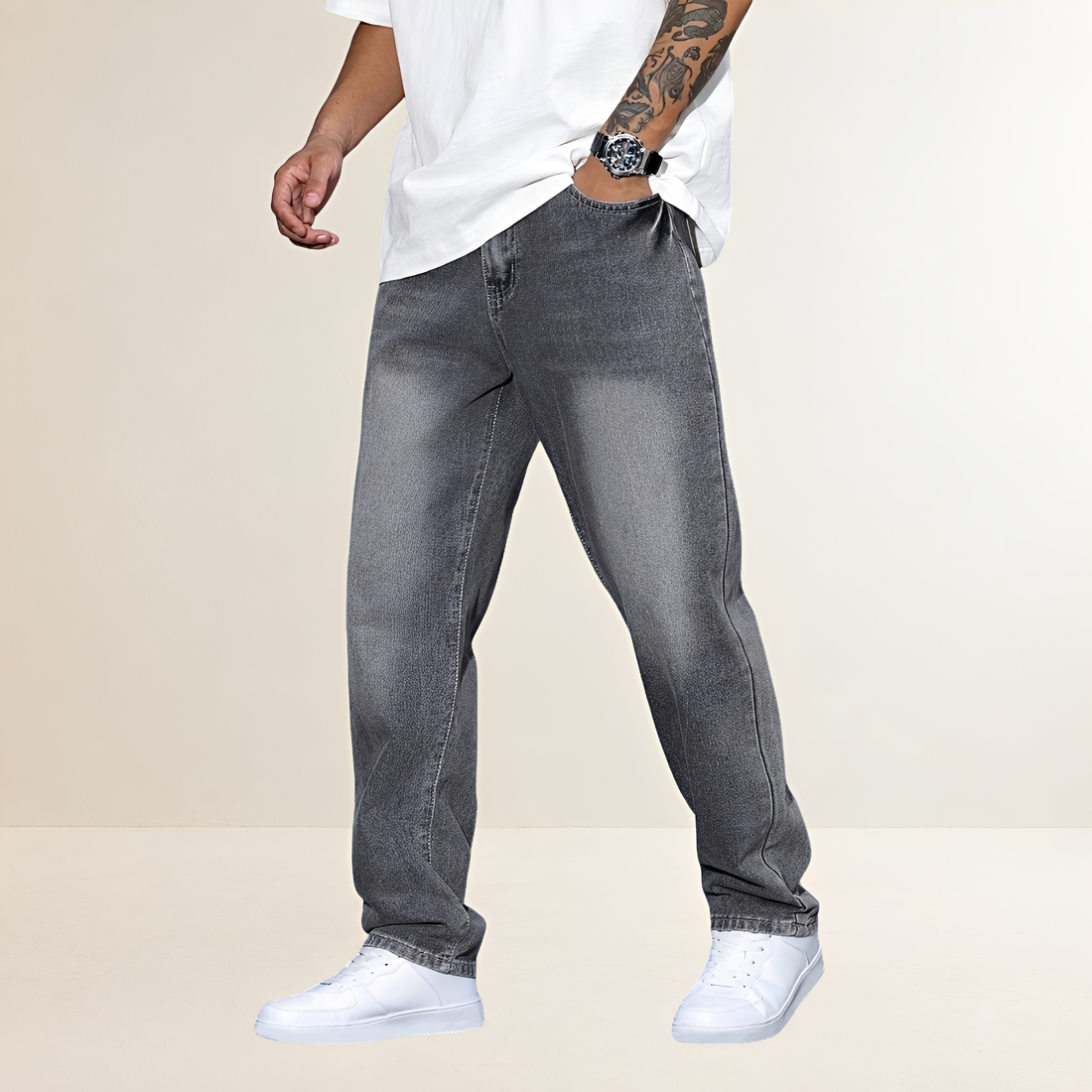 Jeans masculino de perna reta com caimento casual e corte clássico