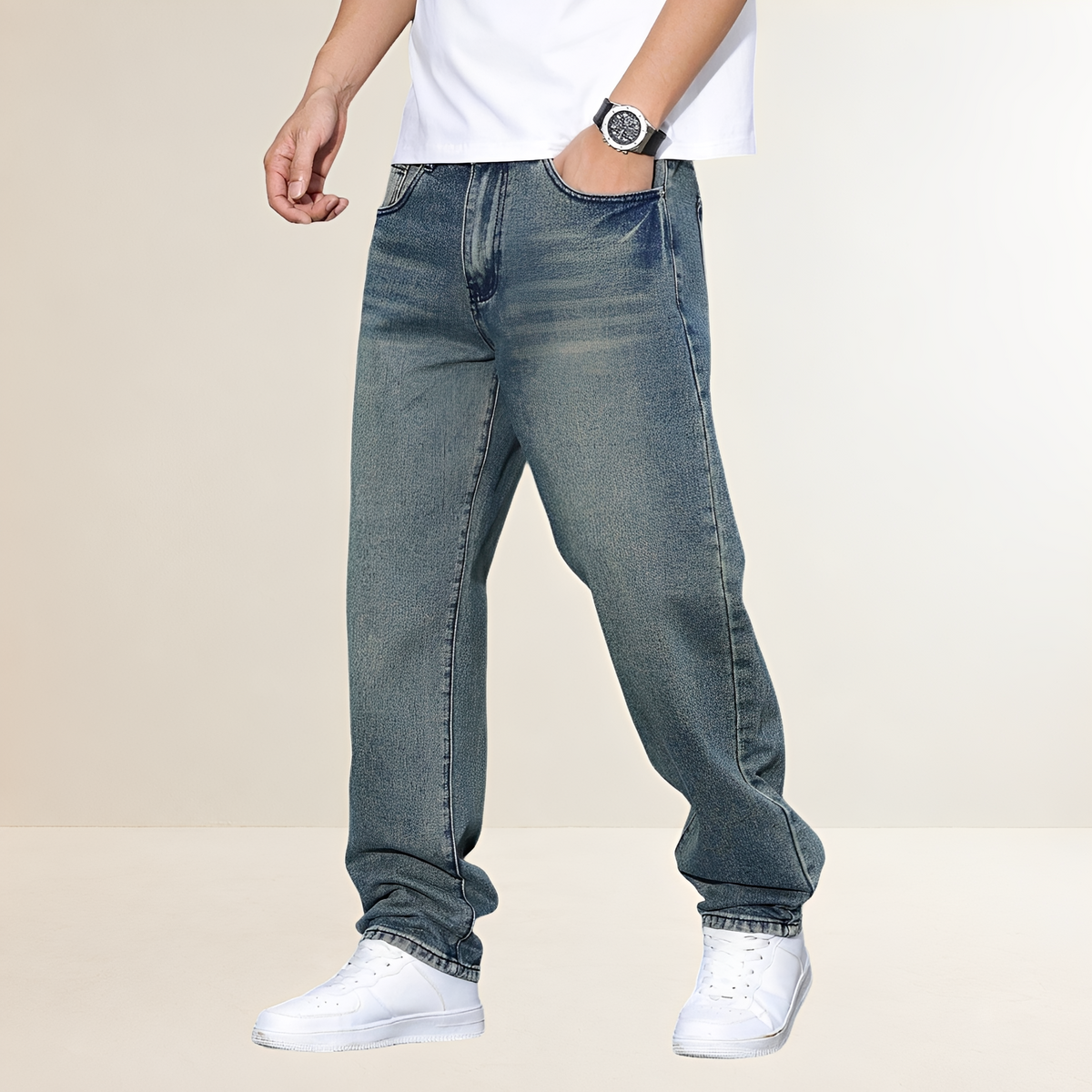 Jeans masculino de perna reta com caimento casual e corte clássico