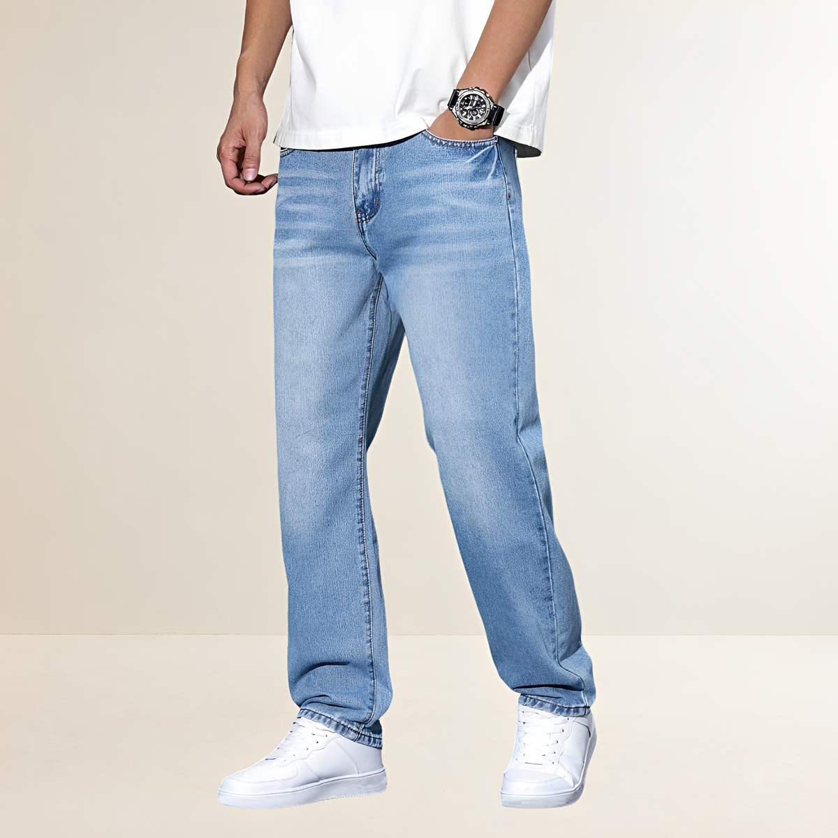 Jeans masculino de perna reta com caimento casual e corte clássico