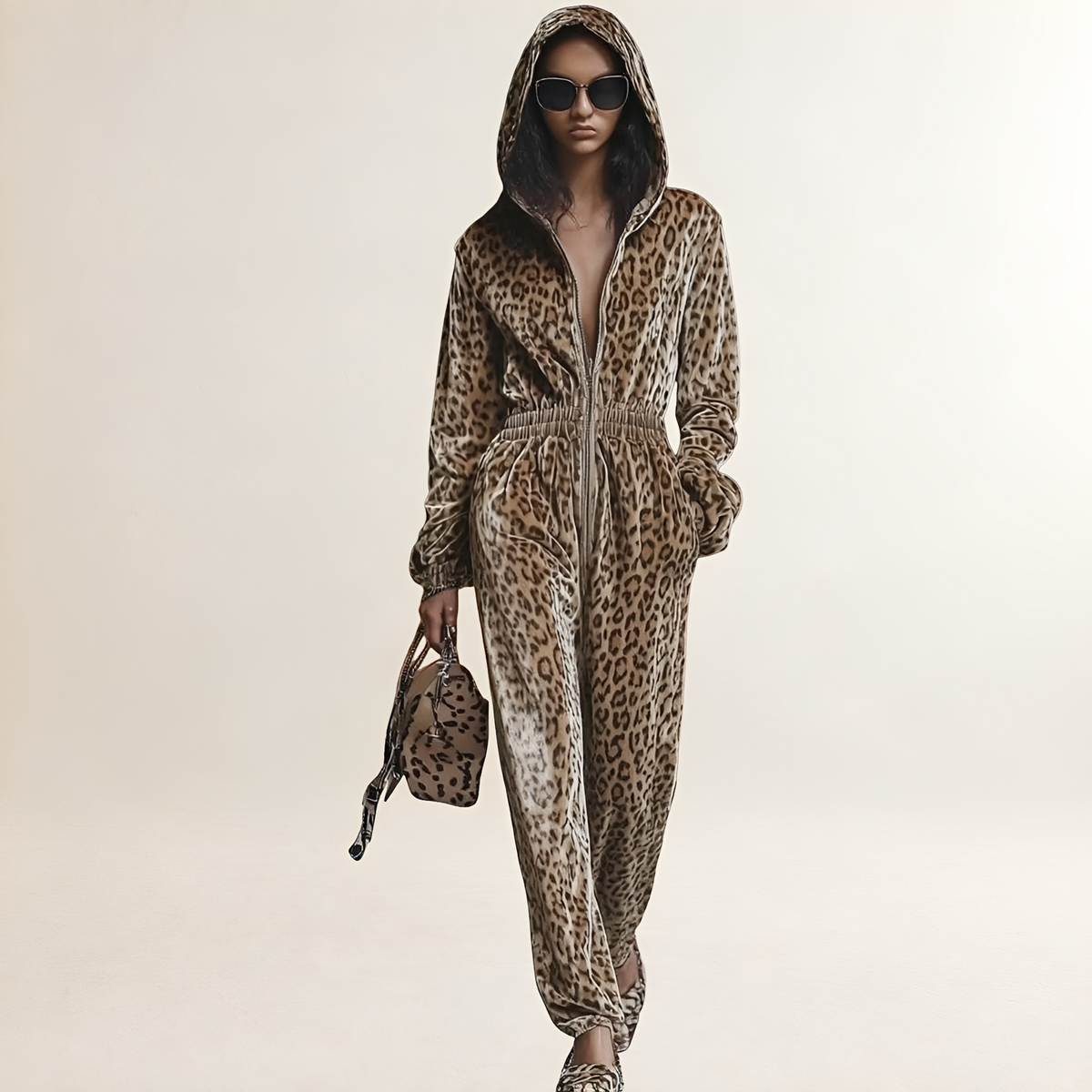 Macacão feminino com estampa de leopardo, capuz, zíper e modelagem folgada