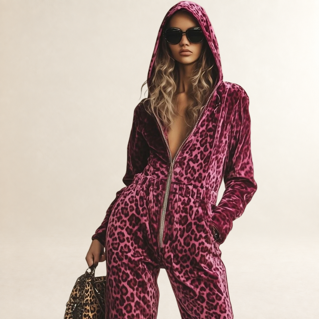 Macacão feminino com estampa de leopardo, zíper frontal e capuz, corte folgado