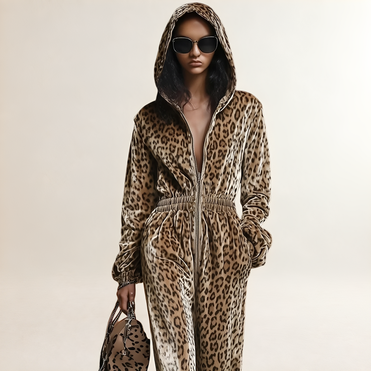 Macacão feminino com estampa de leopardo, capuz, zíper e modelagem folgada