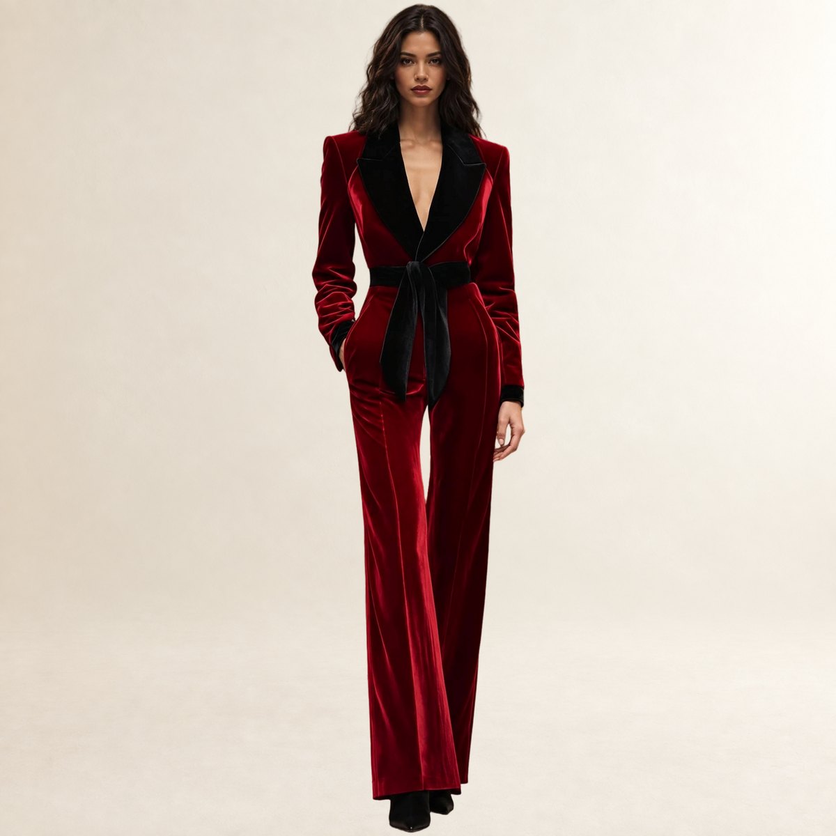 Macacão feminino com lapela, cinto na cintura e perna larga