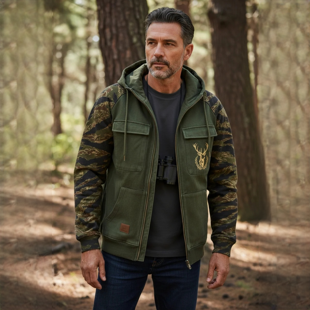 Macho Casaco com Zíper Completo e Bolso Utilitário com Capuz e Manga Camuflada