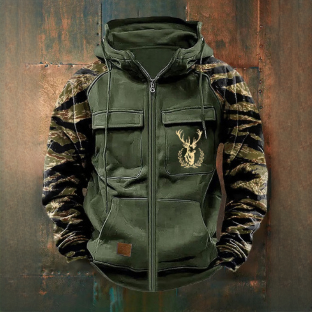 Macho Casaco com Zíper Completo e Bolso Utilitário com Capuz e Manga Camuflada