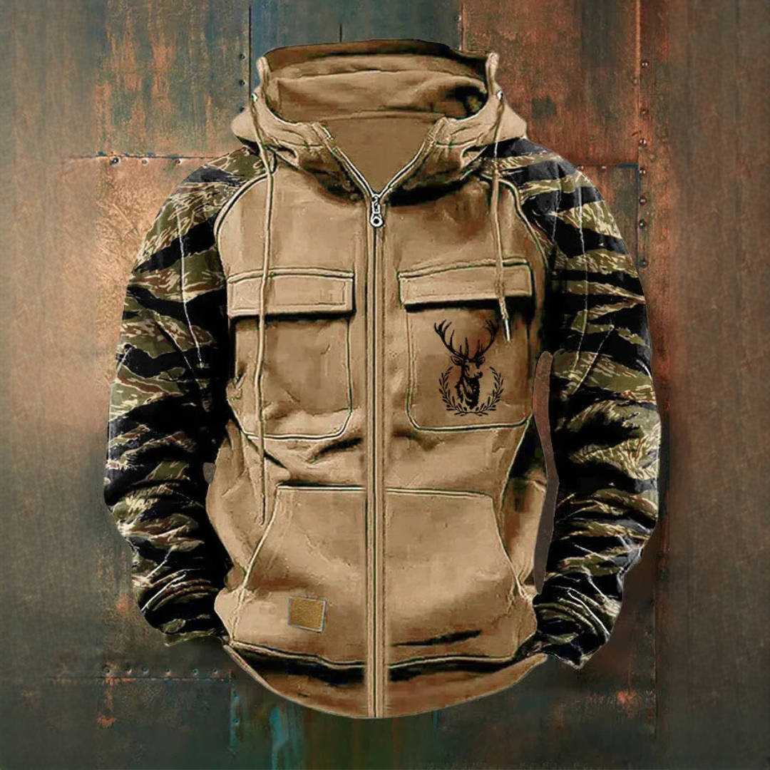 Macho Casaco com Zíper Completo e Bolso Utilitário com Capuz e Manga Camuflada