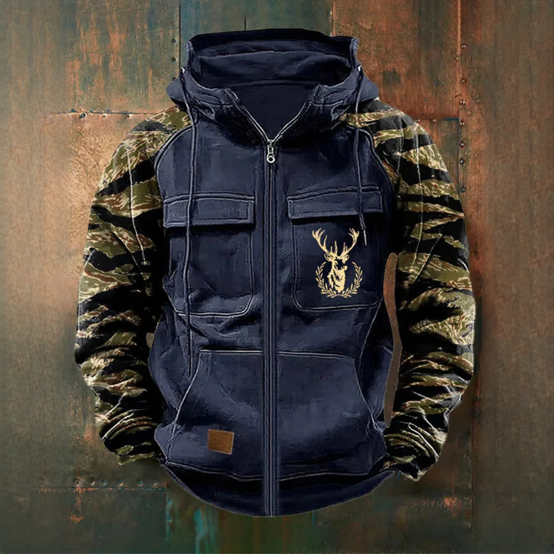 Macho Casaco com Zíper Completo e Bolso Utilitário com Capuz e Manga Camuflada
