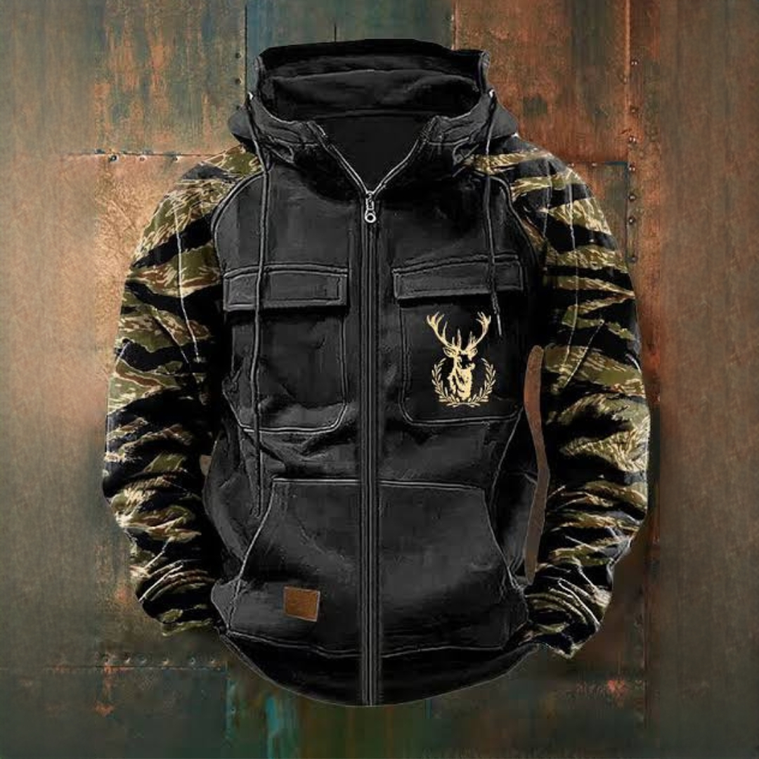 Macho Casaco com Zíper Completo e Bolso Utilitário com Capuz e Manga Camuflada
