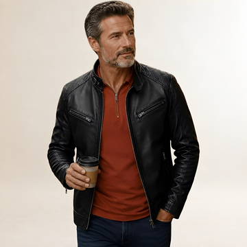 Mantom masculino Moto Jacket com zíper frontal e gola alta com detalhes de ombro