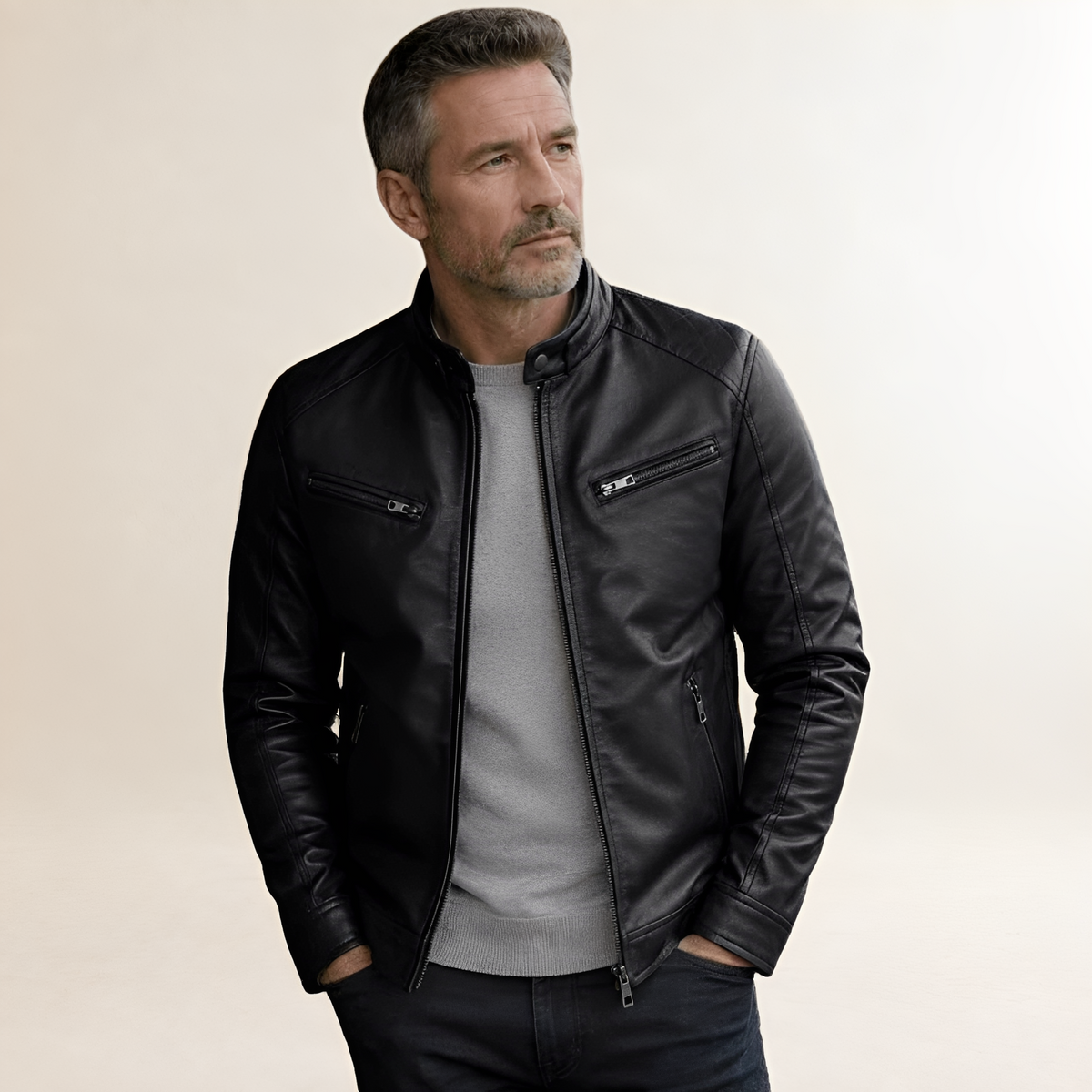 Mantom masculino Moto Jacket com zíper frontal e gola alta com detalhes de ombro